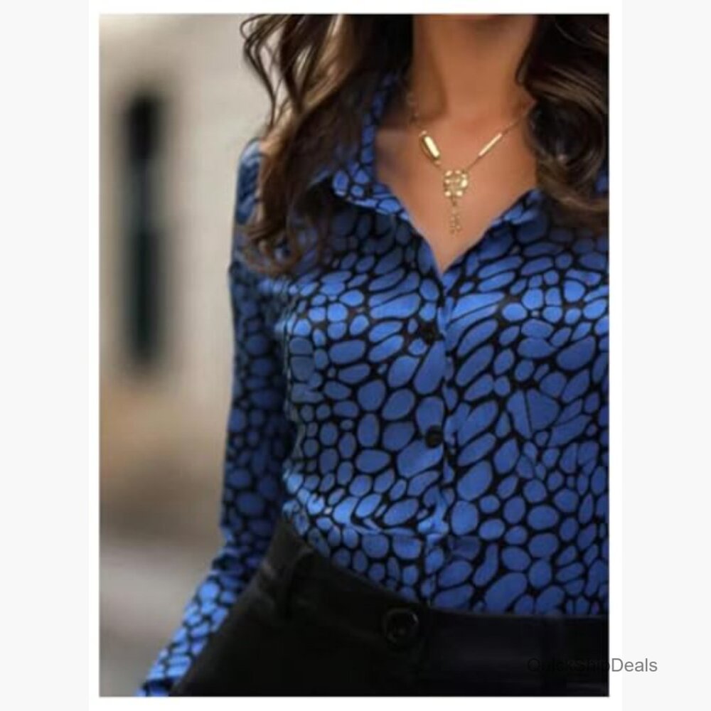 Satin Printed Button Down Blouse Long Sleeve Silk… - image 3